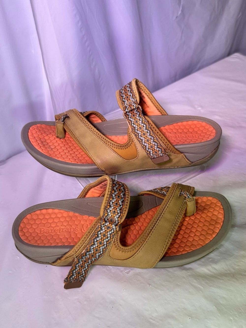 BareTraps Tan Slide Sandals with Orange Footbed and Braided Straps - Picture 2 of 8